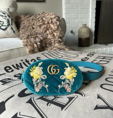 GUCCI Marmont Teal Velvet Belt Bag w Yellow Embroidered Flowers