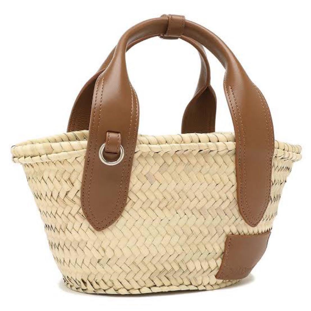 J&M DAVIDSON Straw Leather Basket Bag Beige Logo Pouch Near Mint