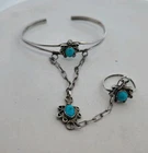Vintage Sterling Silver Navajo Turquoise Slave Ring & Cuff Bracelet
