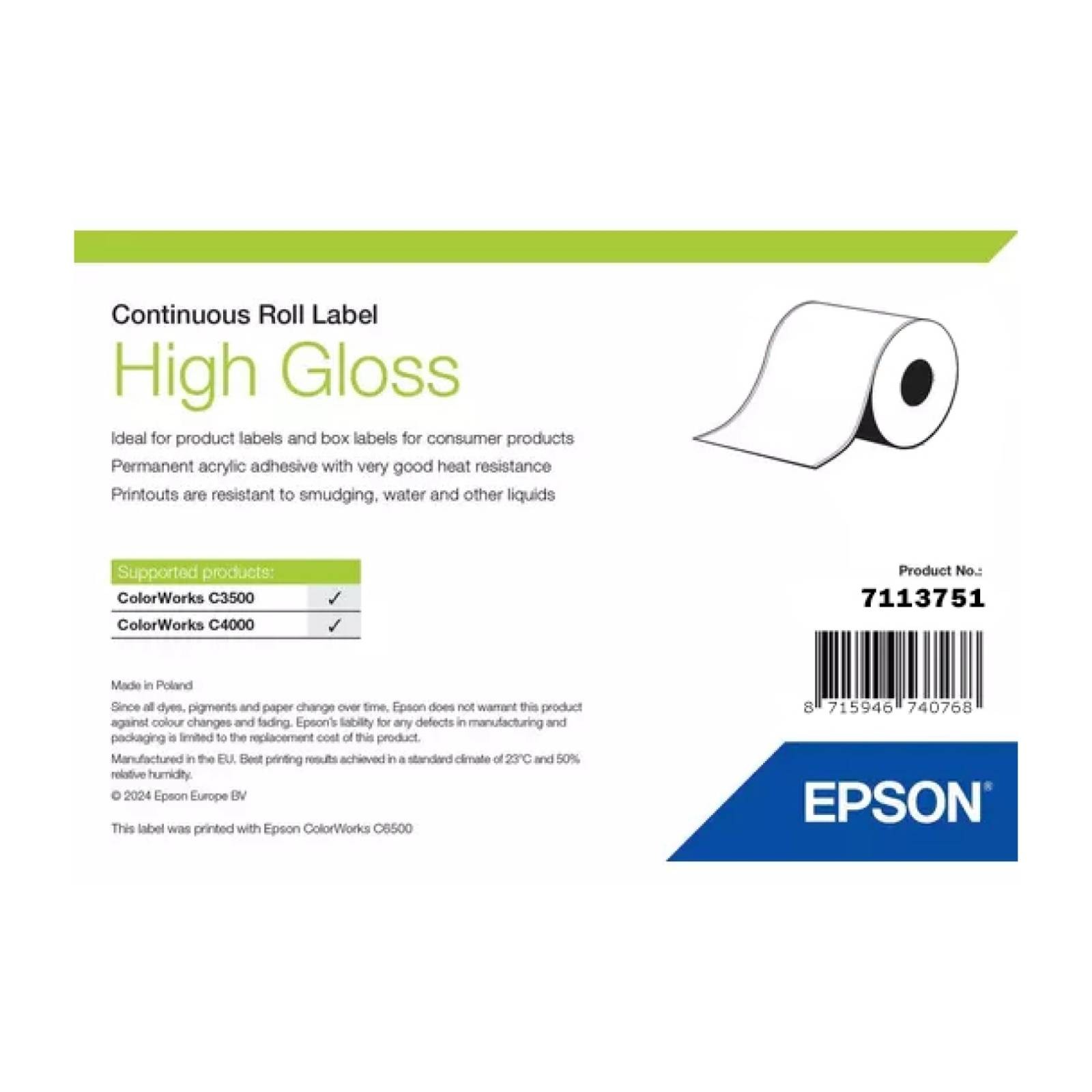 Original Epson High Gloss 76mm x 33m Continuous Label Roll (7113751)