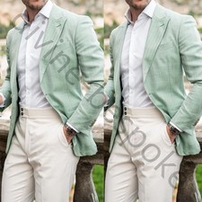 Linen Men's Suits Mint Green Peak Lapel Casual Wedding Groom Tuxedos Coat Pant
