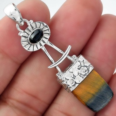 Natural Blue Tiger Eye & Black Onyx 925 Sterling Silver Pendant Jewelry P-1193