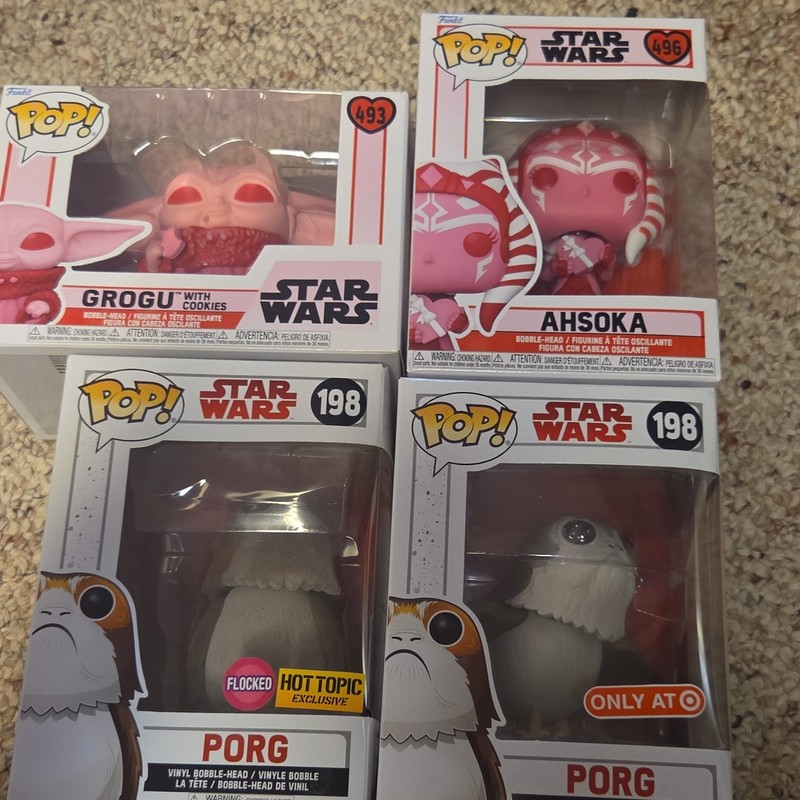 Funko Pop! Star Wars Lot Grogu Cookies #493 Ahsoka #496 Porg #198 Flocked