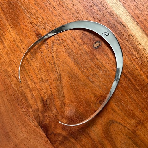 Vintage Sterling Silver Open Flat Choker Cuff Necklace Artisan Mexican 14" 11mm - Picture 6 of 9