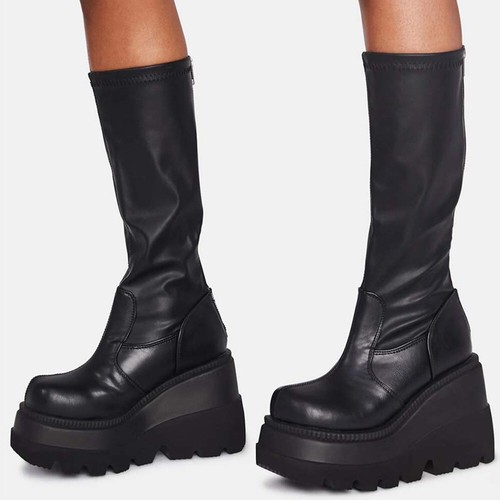 Mid Calf Boots Ladies Gothic Punk Lace Up Chunky High Heel Platform Shoes - Picture 7 of 14