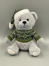 Gray Teddy Bear In Green Knitted Holiday Hat  Sweater Stuffed Animal 11"