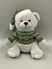 Gray Teddy Bear In Green Knitted Holiday Hat & Sweater Stuffed Animal 11"