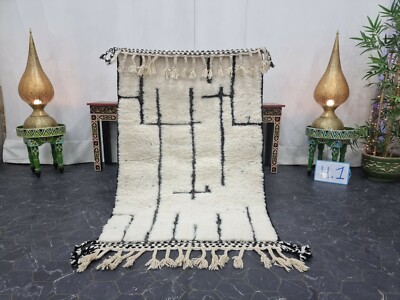 Moroccan Handmade Beni Ourain Rug 3'2''x 5' Berber Abstract White Black Carpet 