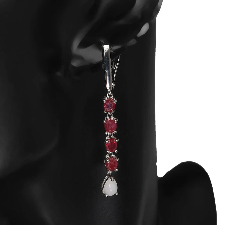 Orecchini In Argento Sterling 925 Con Opale A Pera 7x5mm E Gemma Di Rubino - Immagine 2 di 4