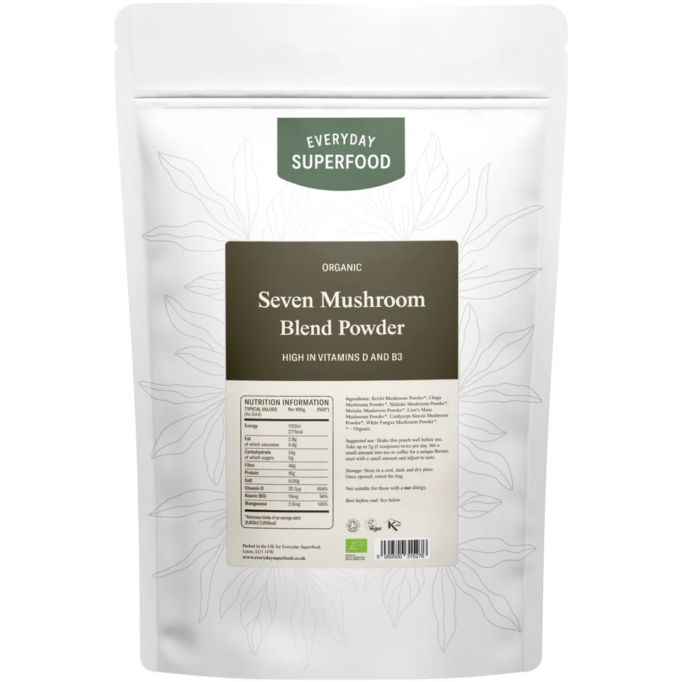 EVERYDAY SUPERFOOD Organic 7 Mushroom Blend Powder Including Lions Mane, Reishi, Chaga, Cordyceps..