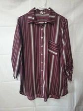 Poppi Women’s M Top Blouse  Striped  3/4 Sleeve Maroon & White Button Down