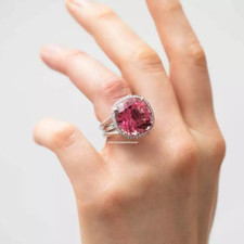 27.32 Carat Cushion-Cut Pink Tourmaline and White CZ Halo Beautiful Wedding Ring