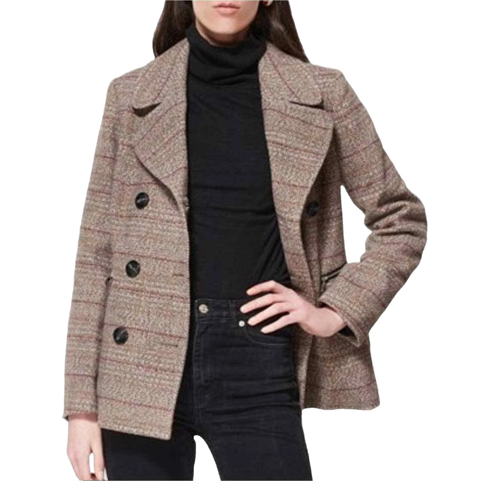 Plaid Pea Coat Marrón abrigos, chaquetas y chalecos para Mujeres