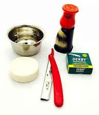 5 PC WET SHAVING SET- CUT THROAT SHAVETTE RAZOR, CUP, BRUSH, SOAP & 100 DERBY