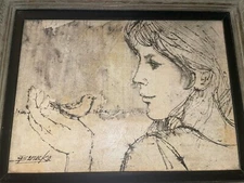 WILLIAM BENECKE "GIRL WITH BIRD” Mixed Media Drawing And Watercolor