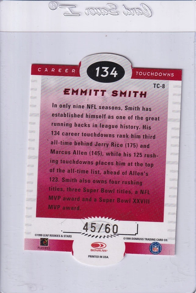 1999 Leaf Rookies and Stars Touchdown Club Die Cuts Emmitt Smith Cowboys 45/60 - Image 2 of 2