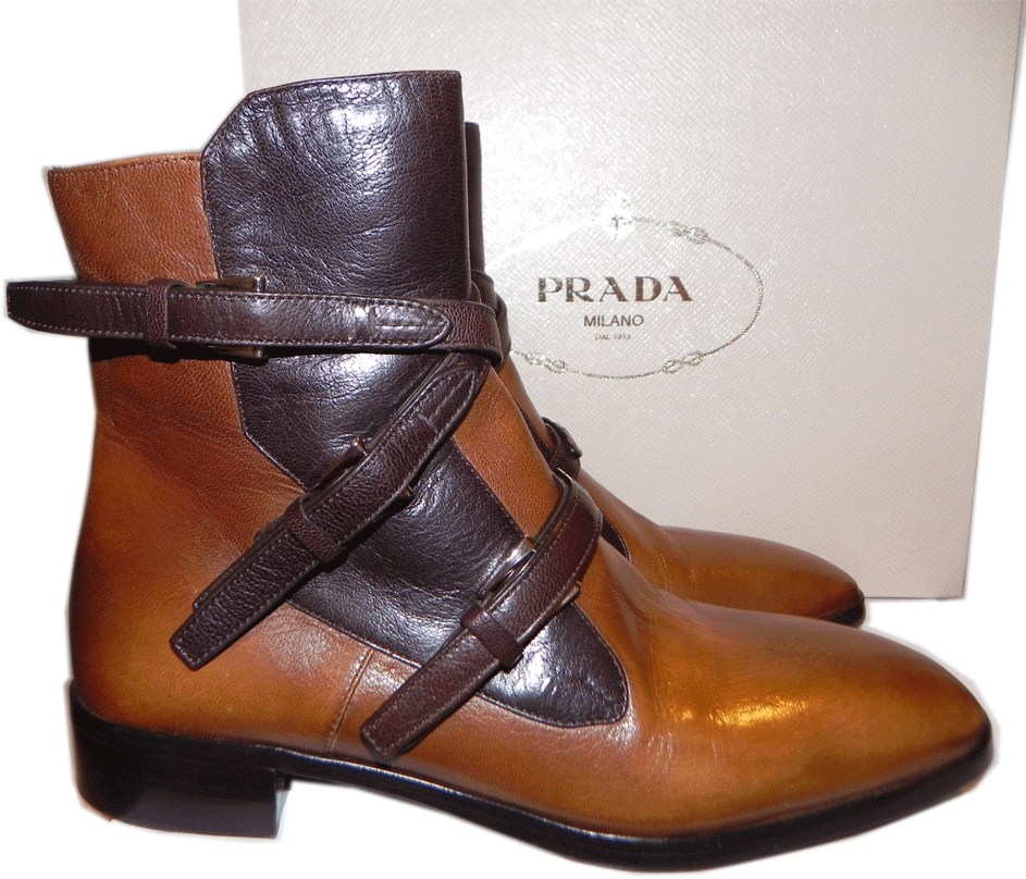 Prada Boots Brown Two Tone Buckles Flat Ankle Moto Riding Bootie