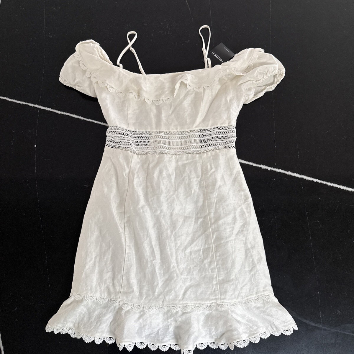 NWT! Forever 21 Pretty Dress S White Crochet Accent Ruffle Hem Off Shoulder  | eBay