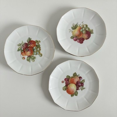 Vintage Set aus 6 Obsttellern Schumann Bavaria Porzellan mit Goldrand 3 Motive