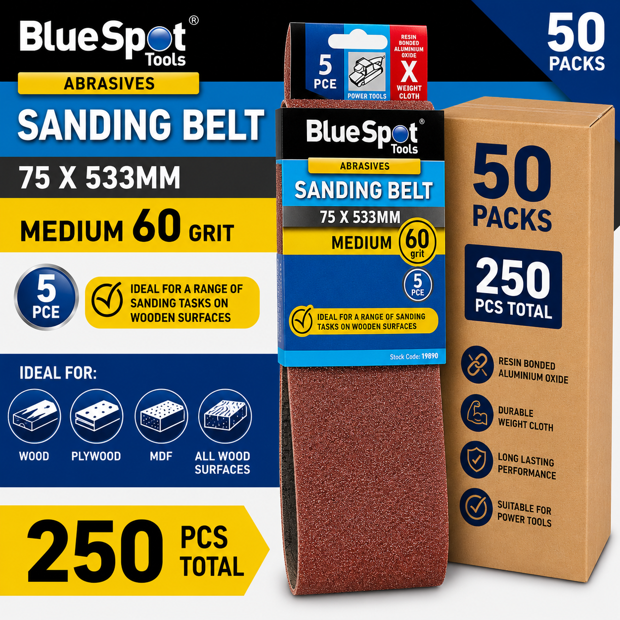 250x Bluespot Sanding Belts 60 Grit Paint Removal Belt Sander 75mm X 533mm