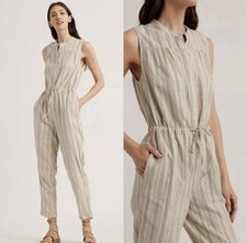 Lucky Brand Women Striped Hayley Buttons Jumpsuit Medium Gray Cotton