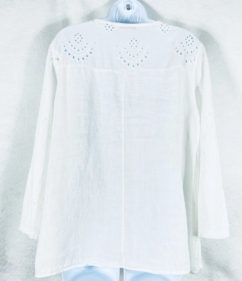 Francesca Bettini Top Women’s Large White Eyelet Long Sleeve Linen Cotton Blend - Image 4 of 4