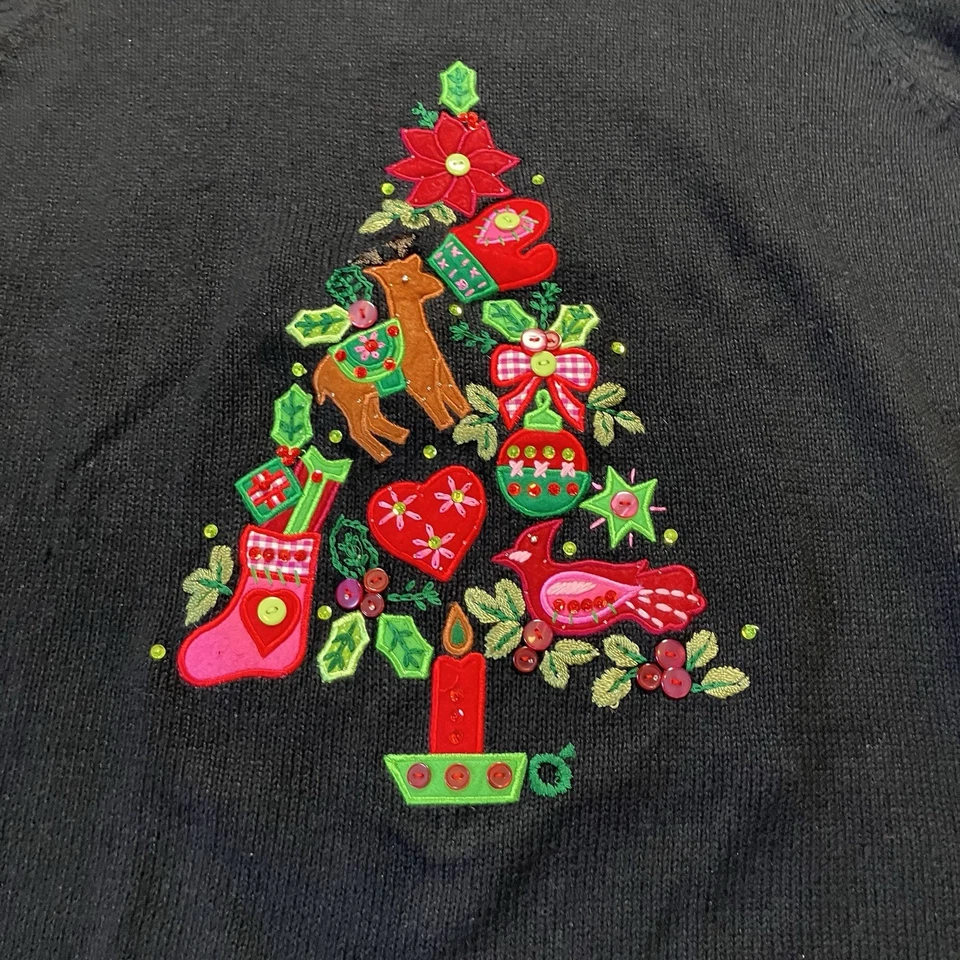 Quacker Factory Sweater Womens Sz Black Christmas Tree Embroidered Embellished - Image 2 of 4