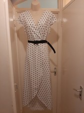Womens Long White Polka Dot Summer Dress UK Size 12 Wrap Skirt Dress