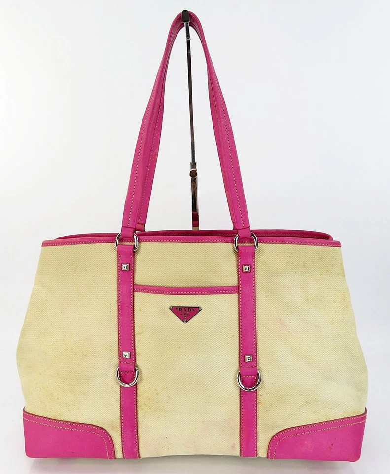 Auténtico bolso de hombro PRADA beige de lona y cuero rosa #61969 Foto 2 de 4