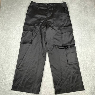 ZARA SATIN EFFECT CARGO PANTS Women's XL BLACK Shiny Goth Streetwear Gorpcore