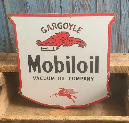 Vintage Gargoyle Mobiloil Porcelain Metal Shield Sign Mobil Oil Gas Pegasus