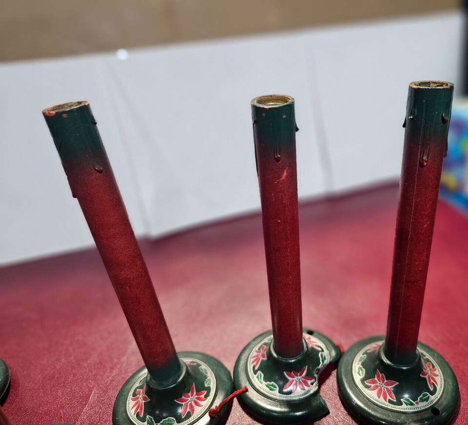 6 Vintage Cardboard Bakelite Poinsettia Christmas Window Candle Light