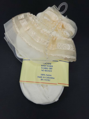 Piccolo Girls Apricot Cute Lace Ruffle Beaded Trimmed Soft Socks 4-5.5 - Picture 4 of 5