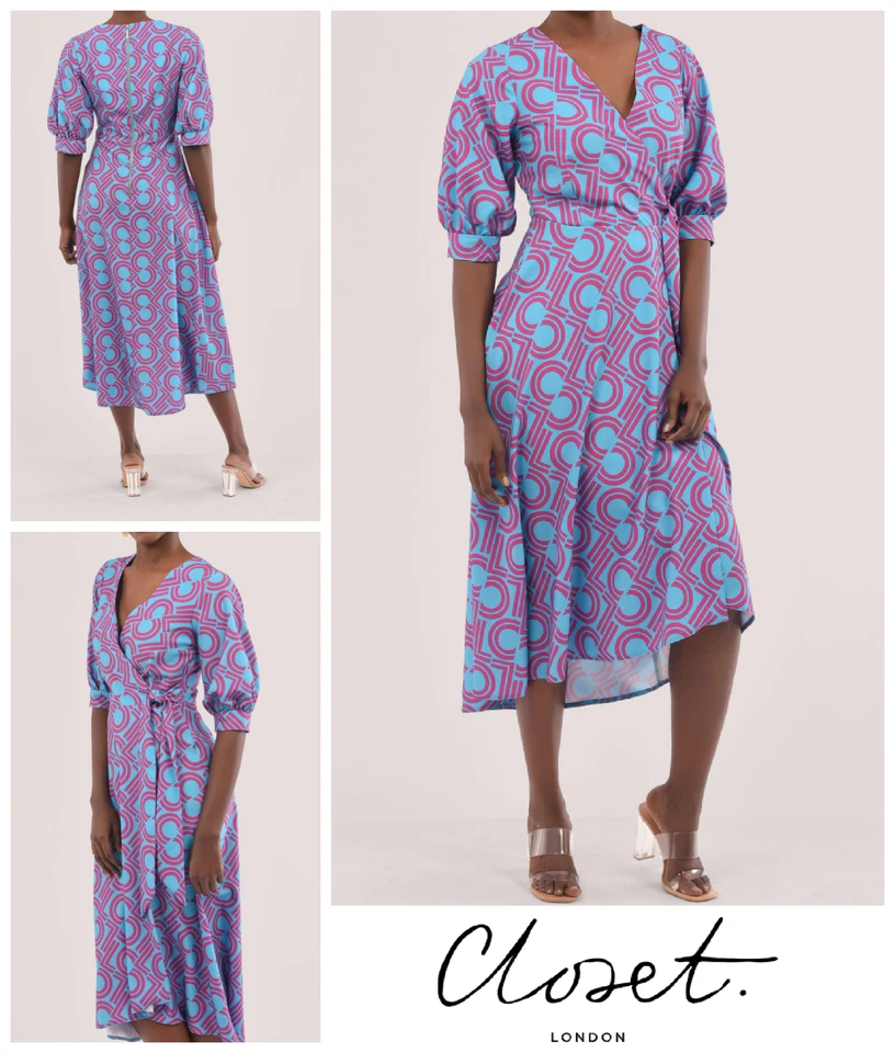 Womens Ladies Wrap Dress Size UK 14 Closet London Midi Puff Sleeve V Neck