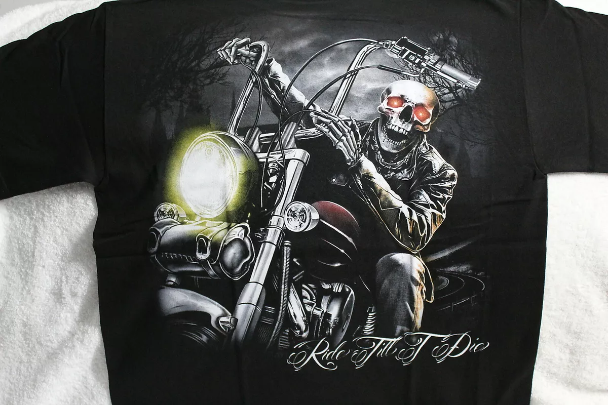 SKELETON SKULL BIKER MOTORCYCLE RIDE TILL T DIE T-SHIRT SHIRT | eBay