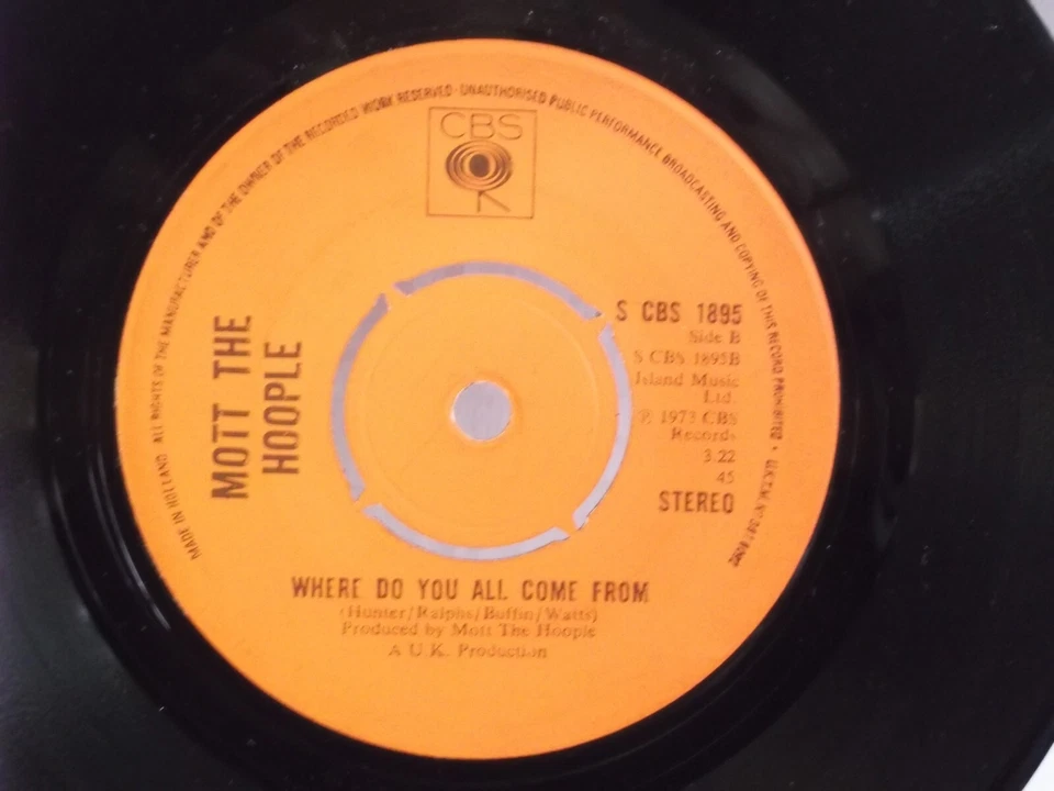 Mott The Hoople,CBS,"Roll Away The Stone",UK,7" 45, 1972 blues rock, Mint - Image 2 of 2