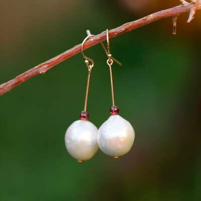 E181 Kasumi Baroque13-14mm Frewhater pearl NaturalRed GarnetAAA+14KGFearring44mm