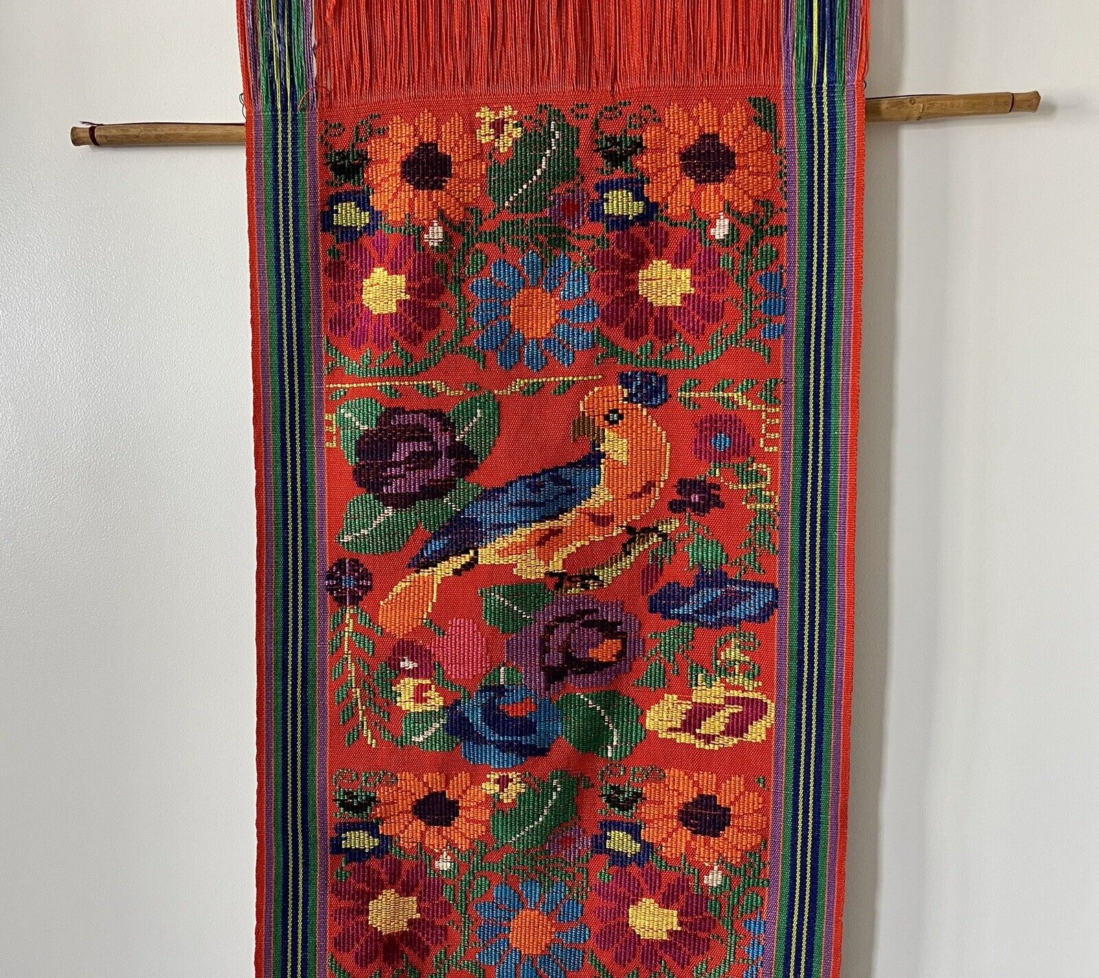 VTG Cultural Hand Woven Tapestry Wall Hanging Bird Flowers Colorful Wood Dowels