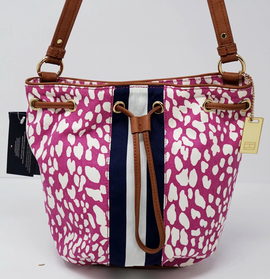 NEW Tommy Hilfiger Women's Pink White Canvas Dot Bucket Hobo Bag Handbag Purse - Image 2 of 4