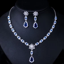 Blue CZ Flower Water Drop Bridal Wedding Necklace Earrings Costume Jewelry Set