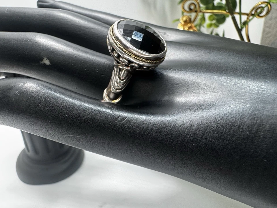 Anillo de lujo EFFY de plata de ley 925 y oro de 14 quilates de ónix negro talla 8,75 ornamentado firmado Foto 4 de 4