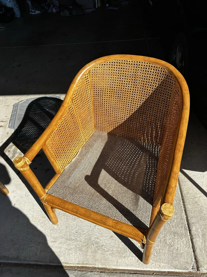 Sillas de barril McGuire vintage de ratán de bambú y cuero todas originales Foto 4 de 4