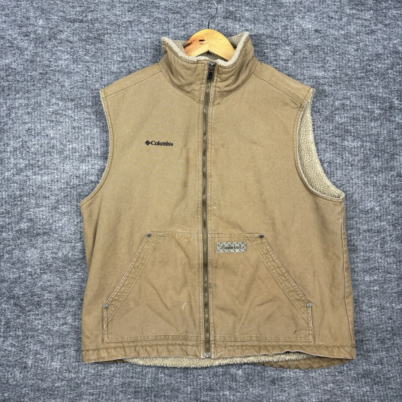 Columbia Sherpa Lined Work Vest Mens Large Brown Canvas Duck Full Zip Outdoor