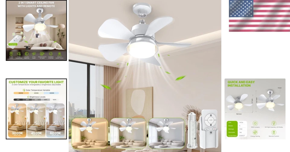 Socket Fan Light Modern Ceiling Fan with Remote 2-in-1 Room Air Cooler - Image 2 of 4