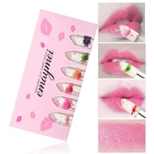 6 pack of crystal flower jelly lipstick, long-lasting color changing lip gloss