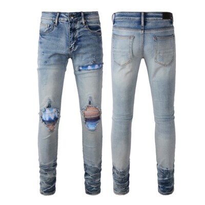 Men Punk Ripped Colourful Patches Jeans, Youth Slim Fit High Quality Blue  Pants