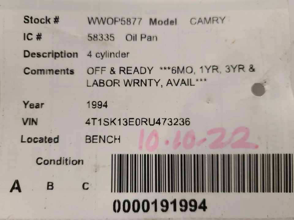 Used Engine Oil Pan fits: 1994 Toyota Camry 4 cylinder 5SFE engine Grade A - Изображение 3 из 4