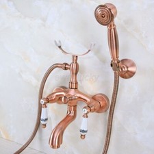 Wall Mount Red Copper Clawfoot Bath Tub Filler Faucet Set Handheld Shower