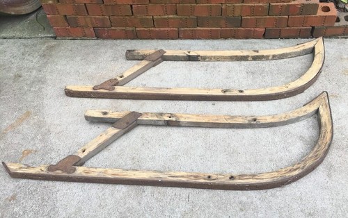 Antique Wood & Iron Sled Skis 42” Primitive Wooden Sleigh Snow Ski Runner