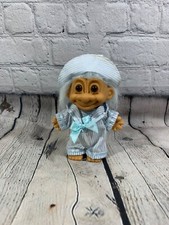 Vintage 5" Blue striped Pajamas and Hat and Bow Troll Doll Russ Berrie  Co.